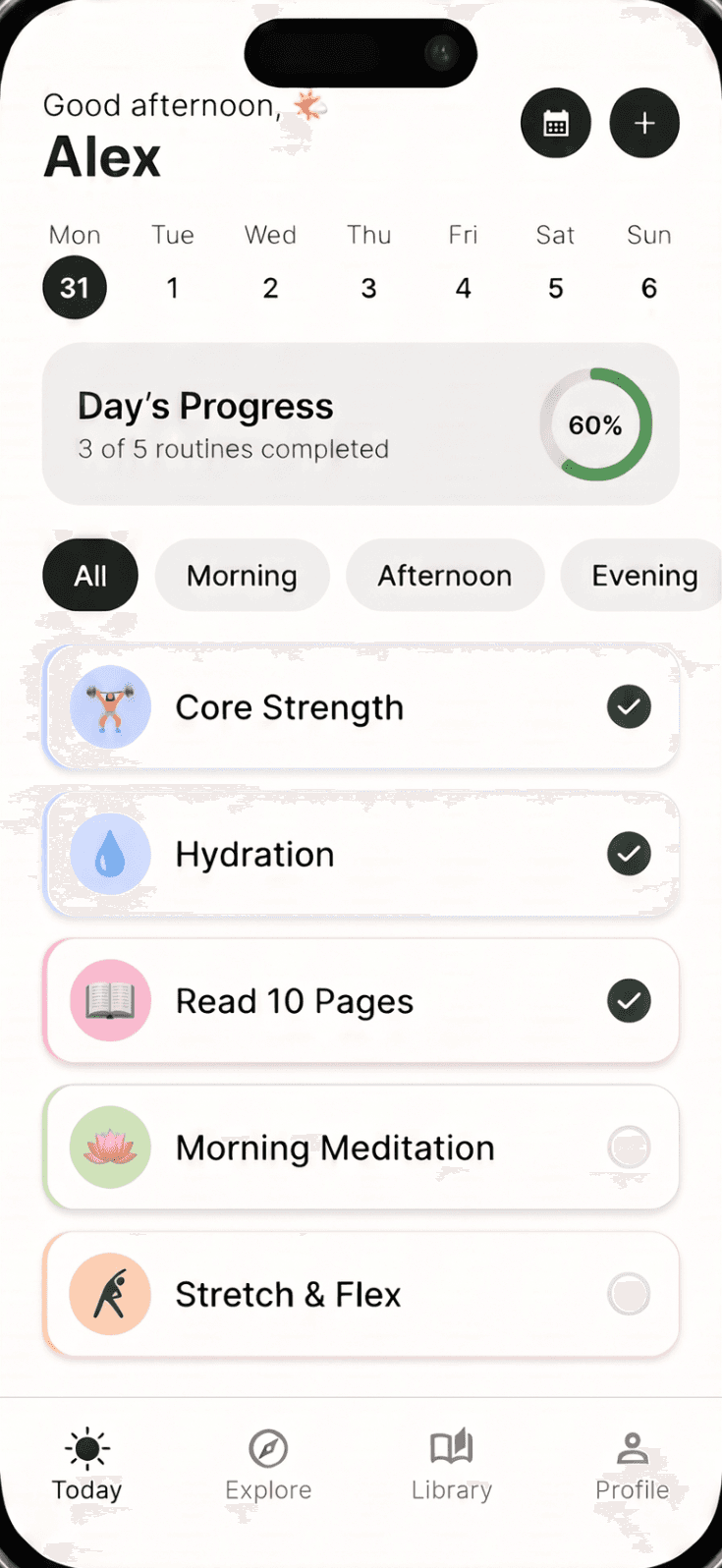 The Routinli app's Today view: a week strip, a 60% day's-progress ring, and five routines with three ticked off.