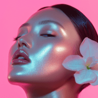 A close-up portrait with dewy, well-cared-for skin.
