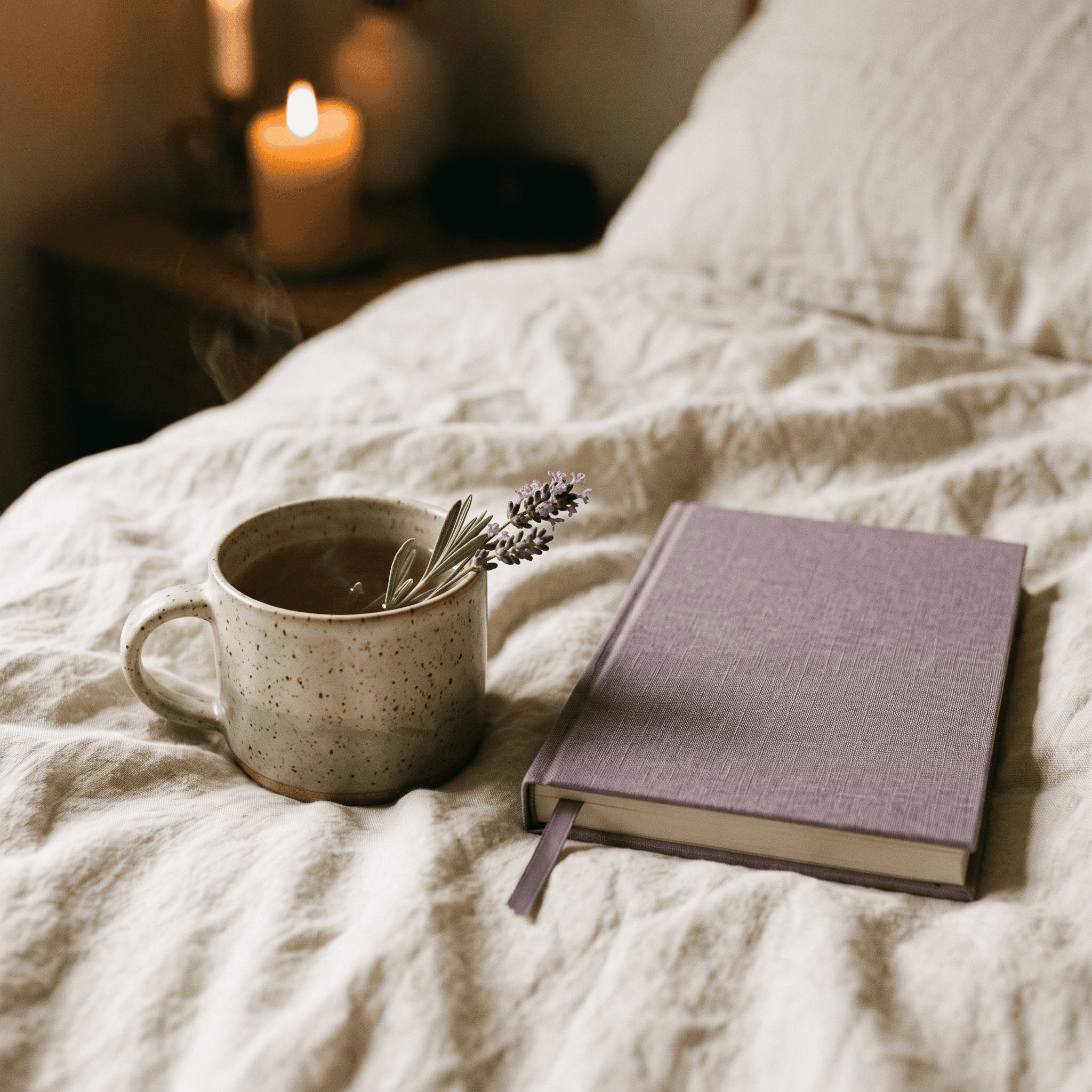 A mug of herbal tea and a journal on a bed by candlelight.